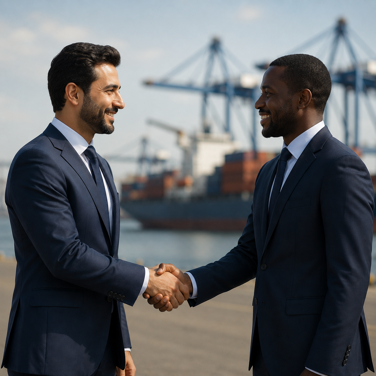 Atelac partners shaking hands at a global trade port