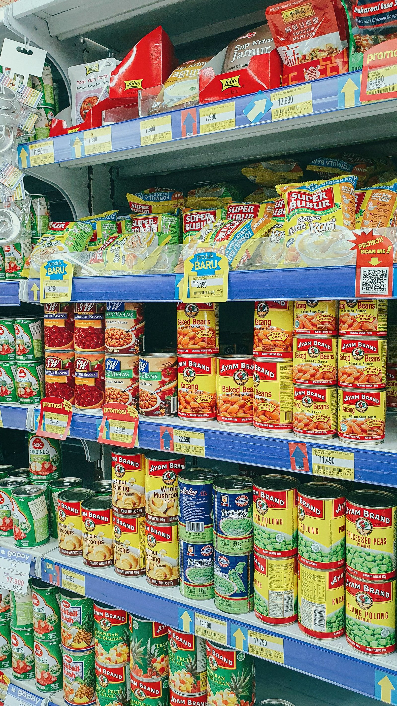 Packaged and canned FMCG products stocked on retail shelves