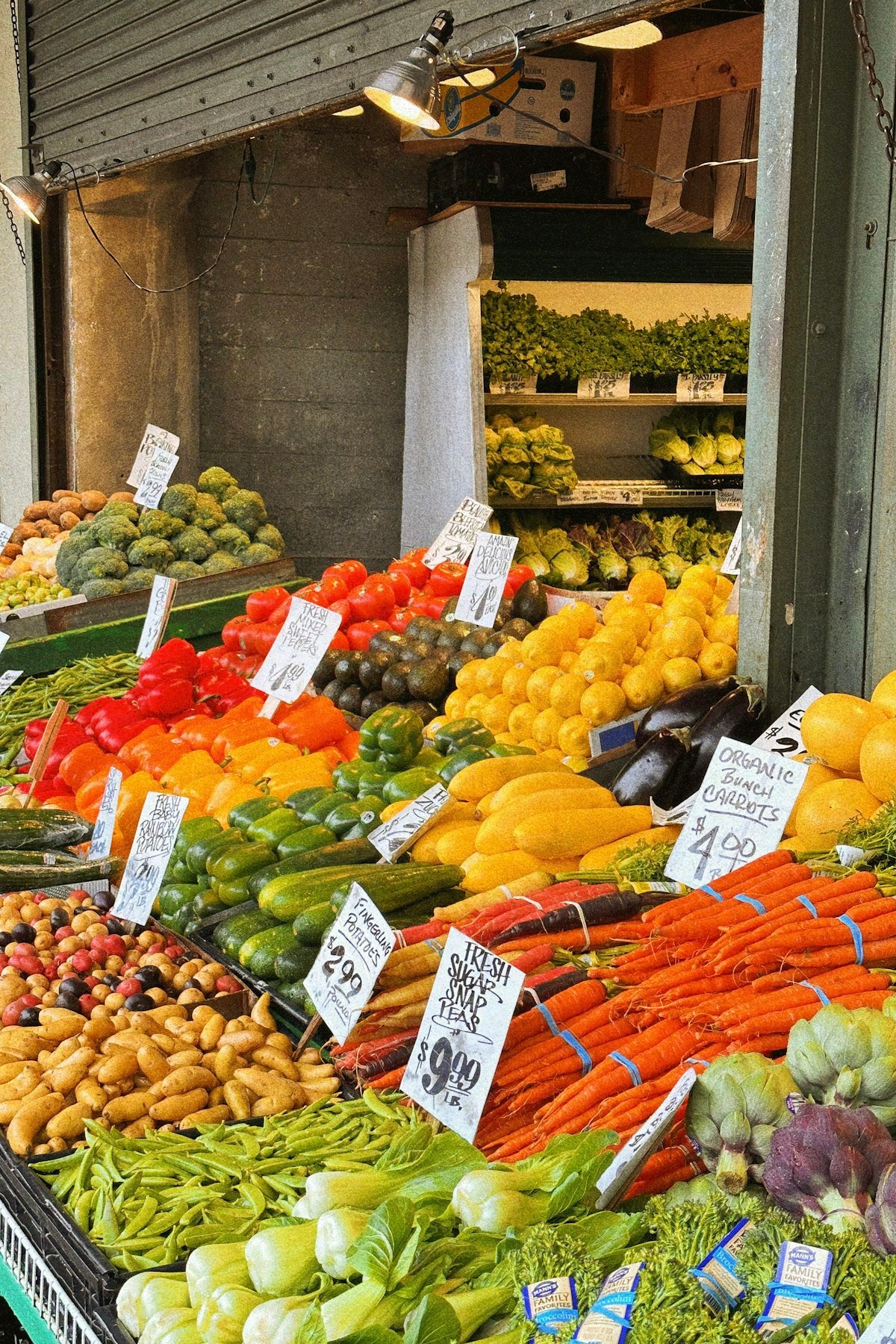 Colorful assortment of fresh vegetables at a market stall